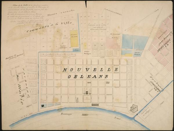 A 19th century ink and watercolor map of New Orleans and the surrounding area
